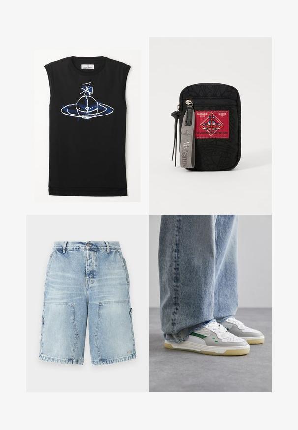 Top senza maniche di colore nero con un design grafico blu e bianco raffigurante una figura planetaria con anelli ed elementi satellitari. Realizzato in morbido cotone.; Shorts di jeans azzurri chiari con vestibilità rilassata, caratterizzati da due tasche frontali e tasche laterali aggiuntive. Texture strappata in tutto il capo.; Sneakers bianchi e grigi con accenti verdi, dotati di una tomaia in rete e suola in gomma, abbinati a jeans in denim blu con orli sfilacciati.; Custodia nera in tessuto testurizzato, con una toppa rossa con logo, chiusura con zip e una tracolla grigia con nome del marchio in rilievo.