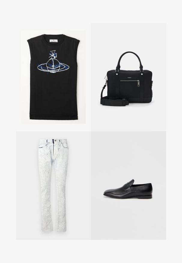 Čierny bezrukávový top s modro-bielou grafickou potlačou planéty so prstencom a prvkami satelitu. Mäkký bavlnený materiál.; Svetlomodré džínsy s prasklinovou štruktúrou, dizajn so piatimi vreckami, zapínanie na gombík a mierny rozšírenie na leme. Po celom obvode sú opotrebované detaily.; Čierne kožené poltopánky bez šnúrok s ostrou špičkou, hladkou textúrou a diskrétnym logom na boku. Nízky podpätok s čistým, minimalistickým dizajnom.; Čierna syntetická taška cez rameno s dvoma rúčkami, odnímateľným ramenným popruhom, prednou vreckom na zips a striebornými kovovými akcentmi.