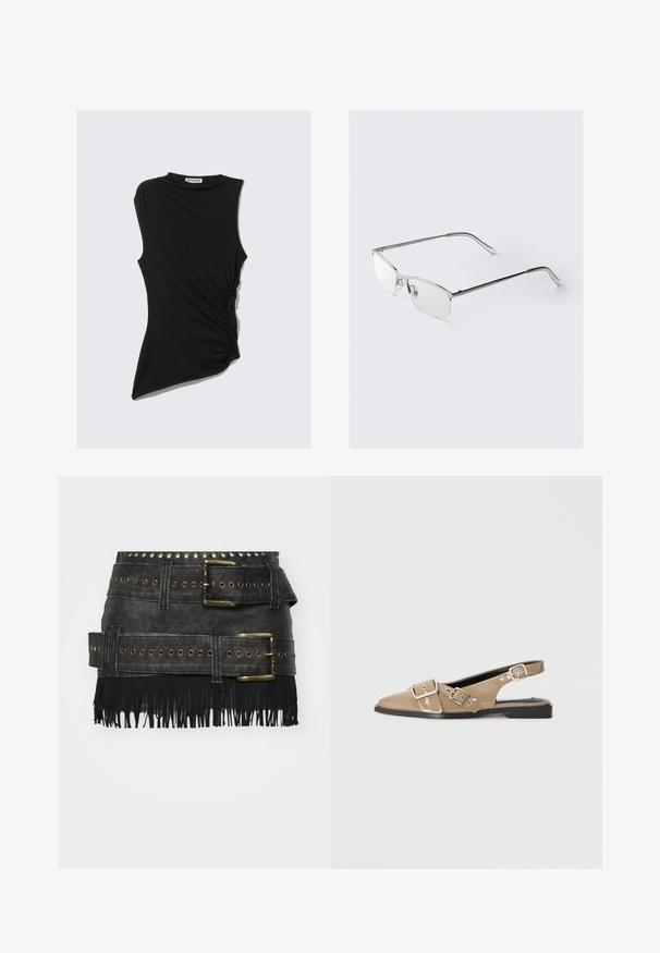 Top negru fără mâneci, cu detaliu strâns pe lateral și hem asimetric. Realizat dintr-un material moale și elastic. Decolteu rotund.; Fustă din piele ecologică neagră, cu catarame mari din metal, detalii cu eyeleti și franjuri la tiv. Design structurat, cu multiple curele.; Pantofi slingback bej din piele lacuită, cu vârful ascuțit, două catarame ajustabile și un toc mic negru. Textură netedă cu un finisaj lucios.; Ochelari metalici cu un cadru subțire, rectangular. Finisaj argintiu cu lentile clare și suporturi pentru nas. Tempraturi subțiri cu capete rotunjite.; Geantă de mână din piele verde închis, cu o formă curbată, buzunare cu fermoar și un buzunar cu clapeta frontală. Dispune de accesorii din argint și un finisaj texturat.