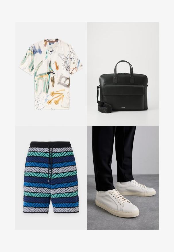 Short-sleeve white t-shirt featuring colorful animal and abstract designs. Made of soft fabric with a classic crew neckline.; Multicolored shorts with a zigzag pattern in shades of navy, blue, green, and gray. Features a black waistband with drawstring.; Light beige leather sneakers with flat laces, a textured surface, and a contrasting cream-colored rubber sole, paired with black tapered pants.; Black leather briefcase with dual top handles, a front pocket, and a detachable strap, featuring subtle branding at the bottom.