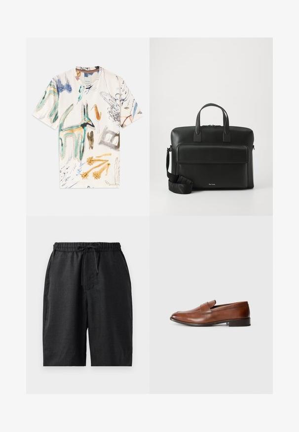 Majica s kratkim rukavima bijele boje s živopisnim životinjama i apstraktnim dizajnom. Napravljena od mekog materijala s klasičnim okruglim izrezom.; Crne kratke hlače do koljena s elastičnom gumom u struku i vezicom. Glatka tekstura s dva bočna džepa, jednostavan dizajn i bez vidljivih uzoraka.; Smeđe kožne ljetne cipele s zaobljenim vrhom, minimalnim šavovima i niskim blok petama. Imaju dekorativnu traku preko prednjeg dijela.; Crna kožna aktovka s dvije gornje drške, prednjim džepom i sklopivim remenom, s suptilnim brandingom na dnu.
