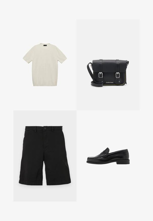 Krátky rukáv krémové tričko vyrobené z mäkkej tkaniny, s okrúhlym výstrihom a rovný strih, bez viditeľných vzorov alebo akcentov.; Čierne šortky vyrobené z bavlny s plochým predným dizajnom, vybavené gombíkovým zapínaním a bočnými vreckami, bez viditeľných vzorov alebo akcentov.; Čierne kožené loafers s hladkým povrchom, prešívané detaily na špičke a nízky dizajn podpätku pre pohodlie a štýl.; Čierna kožená crossbody taška s preklopom, dvoma striebornými prackami, žltým prešívaním a nastaviteľným popruhom. Vyznačuje sa hladkou textúrou a kompaktným dizajnom.