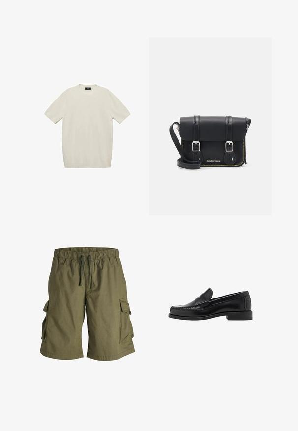 Krótkosleeve kremowa koszulka z miękkiego materiału, z okrągłym dekoltem i prostym krojem, bez widocznych wzorów czy akcentów.; Bermudy z materiału w oliwkowym kolorze, z elastycznym paskiem w talii oraz sznurkiem do regulacji, posiadające boczne kieszenie cargo. Gładka tekstura, do kolan.; Czarne skórzane mokasyny o gładkim wykończeniu, ze stębnowaniem na nosie i niskim obcasem, zapewniającymi komfort i styl.; Czarna skórzana torebka na ramię z klapą, dwoma srebrnymi klamrami, żółtym stębnowaniem i regulowanym paskiem. Posiada gładką teksturę i kompaktowy design.