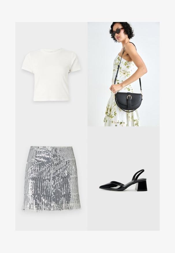 Kratka bijela majica izrađena od pamuka s kratkim rukavima, okruglim izrezom i ravnim rubom, koja se odlikuje glatkom teksturom i minimalnim dizajnom.; Srebrna mini suknja sa sjajnim šljokicama i detaljima od rese. Napravljena od sjajnog materijala, s pripijenim strukom i složenim horizontalnim dizajnom.; Crne lakirane kožne sandale s otvorenom petom i špicastim vrhom, s geometrijskom blok petom. Imaju elegantan, minimalistički dizajn i glatku teksturu.; Crna kožna torba s lukovitim oblikom, odvojivim remenom i zlatnim detaljima. Torba ima preklop s kopčom.