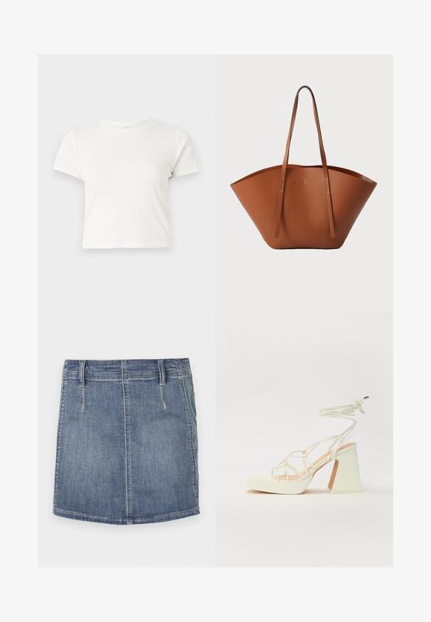 Kratka bijela majica izrađena od pamuka s kratkim rukavima, okruglim izrezom i ravnim rubom, koja se odlikuje glatkom teksturom i minimalnim dizajnom.; Kratka traper haljina u svijetloplavoj boji klasičnog kroja. Ima prednje džepove i petlje za remen, s ravnim rubom i suptilnim izbleđivanjem.; Bijela sandala na visokoj potpetici s debelim petom, s remenom i vezanjem oko gležnja. Glatka tekstura s platformom sprijeda za dodatnu visinu.; Smeđa kožna torba za nošenje s širokim, strukturiranim oblikom, tankim ručkama i teksturiranom površinom. Ima minimalistički dizajn bez vidljivih dijelova metalne opreme.