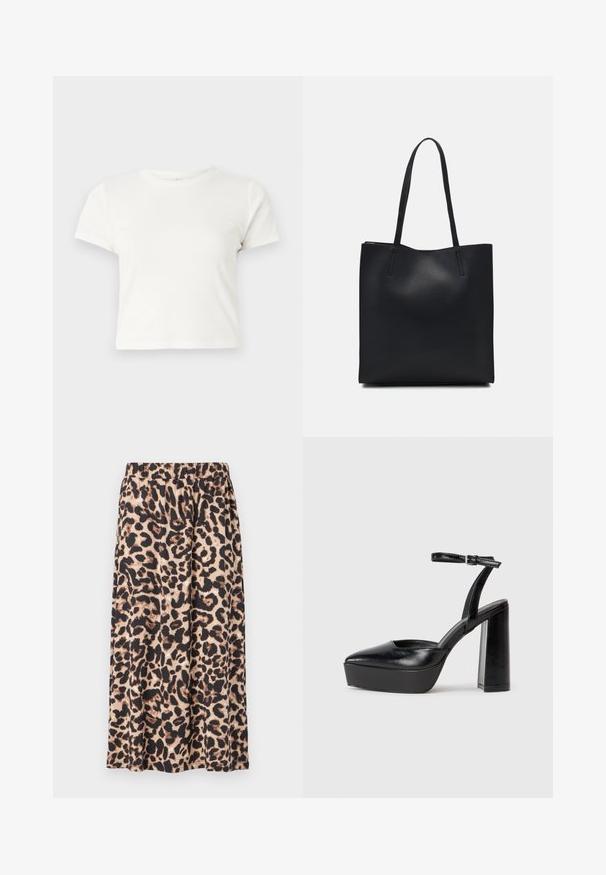 Short white t-shirt made of cotton with short sleeves, a round neckline, and a straight hem, featuring a smooth texture and minimal design.; Leopard print skirt in beige and black, made of lightweight fabric. Features an elastic waistband and a flowing A-line design.; Black platform heels with a pointed toe and adjustable ankle strap. Constructed from smooth leather, featuring a chunky block heel.; Black leather tote bag with smooth texture, rectangular shape, and two long handles. No visible hardware or embellishments.