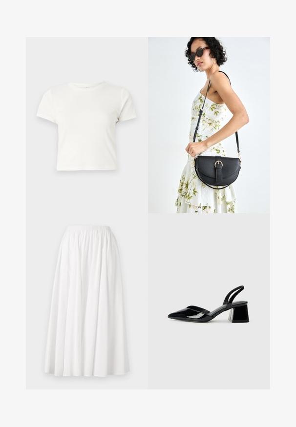 Rövid, fehér, pamut póló, rövid ujjakkal, kerek kivágással és egyenes szegéllyel, sima textúrával és letisztult dizájnnal.; Fehér, térd középig érő szoknya, könnyű anyagból készült, rugalmas derékpánttal és fodros, redős dizájnnal.; Fekete lakk bőr szandálkés magas sarkú cipő, hegyes orral és geometrikus tömbsarkakkal. Karcsú, minimalista dizájn és sima textúra jellemzi.; Fekete bőrtáska ívelt formával, levehető pánttal és arany színű fémrészekkel. A táskán egy csattal díszített fedél található.