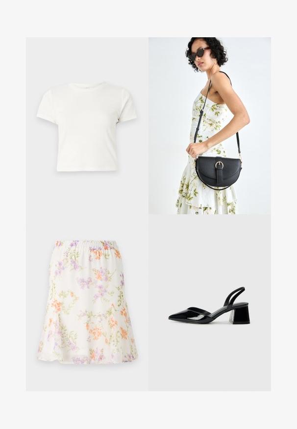 Trumpa balta medvilnės marškinėliai su trumpomis rankovėmis, apvaliu kaklu ir tiesiu hemu, pasižyminti lygiu tekstūriu ir minimaliu dizainu.; Gėlių sijonas iš lengvos, permatomos medžiagos; turi elastingą juosmenį, su oranžinių, purpurinių ir žalių gėlių raštu krieminiu fonu.; Juodos lakuotos odinės šlepetės su smailiu pirštu ir geometriniu bloko kulnu. Turi elegantišką, minimalistinį dizainą ir lygų paviršių.; Juodas odinis krepšys su išlenkta forma, nuimamu dirželiu ir auksiniais detalėmis. Krepšys turi kilpą su sagtimi.