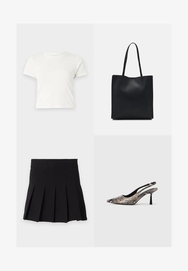 T-shirt blanc court en coton avec des manches courtes, un col rond et un ourlet droit, présentant une texture lisse et un design minimal.; Jupe plissée noire avec une taille ajustée, fabriquée à partir d'un tissu lisse. Présente de multiples plis verticaux pour une silhouette structurée.; Chaussures slingback à bout pointu en matériau à imprimé serpent texturé, avec un talon noir fin et un design découpé sur les côtés.; Sac fourre-tout en cuir noir avec une texture lisse, de forme rectangulaire et deux longues poignées. Pas de matériel ou d'ornementations visibles.