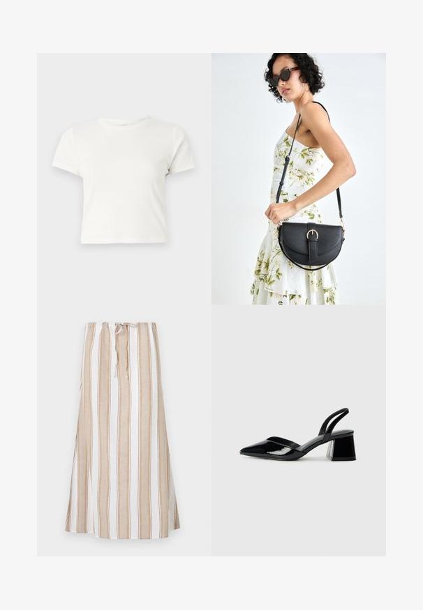 Kratka bela majica iz bombaža s kratkimi rokavi, okroglim ovratnikom in ravnim robom, ki ima gladko teksturo in minimalističen dizajn.; Prugasta krila v beli in svetlo rjavi barvi, z vrvico na pasu in dolgim, tekočim dizajnom. Narejena iz lahkotnega materiala z udobnim krojem.; Črne lakirane slingback pete s koničastim nosom in geometrijsko blokasto peto. Imajo eleganten, minimalističen dizajn in gladko teksturo.; Črna usnjena torbica s ukrivljeno obliko, z odstranljivo naramnico in zlatimi dodatki. Torbica ima pokrov s podrobnostmi v obliki zaponke.