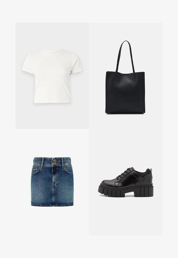 Kratka bela majica iz bombaža s kratkimi rokavi, okroglim ovratnikom in ravnim robom, ki ima gladko teksturo in minimalističen dizajn.; Pepe Jeans Krilo iz džinsa - denim; Črne usnjene platforme z debelim blokastim petam, okroglo konico in klasičnim vezanjem. Imajo gladko teksturo in minimalne podrobnosti.; Črna usnjena torba s svilnato teksturo, pravokotne oblike in dvema dolgima ročajema. Brez vidnih metalnih delov ali okrasnih elementov.