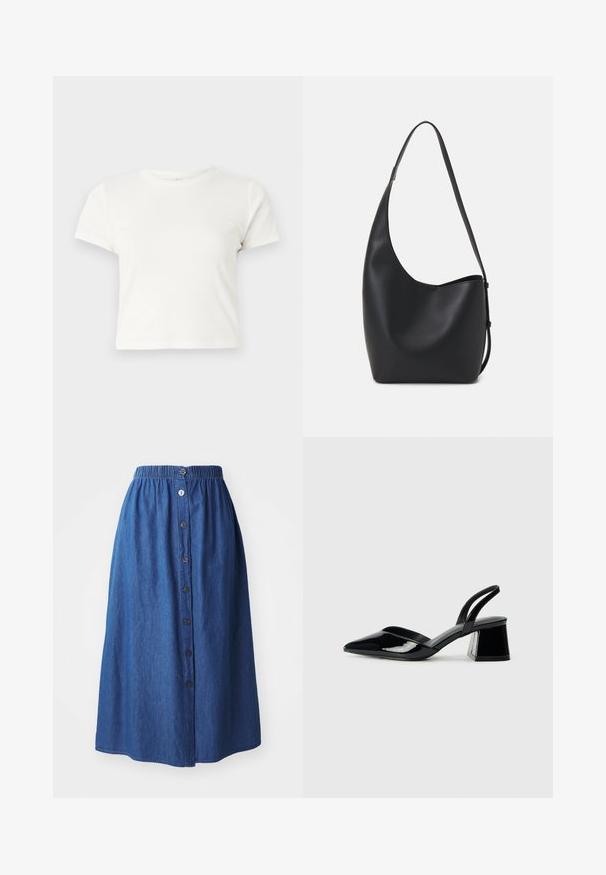 Kratka bela majica iz bombaža s kratkimi rokavi, okroglim ovratnikom in ravnim robom, ki ima gladko teksturo in minimalističen dizajn.; Denim krilo z elastikami, modra tkanina, dolžina do tal, sprednja zapiranja na gumbe in subtilna tekstura. Brez vidnih vzorcev ali poudarkov.; Črne lakirane slingback pete s koničastim nosom in geometrijsko blokasto peto. Imajo eleganten, minimalističen dizajn in gladko teksturo.; Črna usnjena hobo torba z gladko teksturo, ukrivljeno obliko in eno nastavljivo naramnico; ima širok odprtina na vrhu.