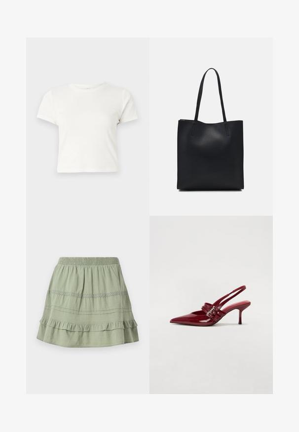 Rövid, fehér, pamut póló, rövid ujjakkal, kerek kivágással és egyenes szegéllyel, sima textúrával és letisztult dizájnnal.; Zöld pamut szoknya smockolt derékkal, réteges fodrokkal és csipke díszítéssel a középső részen.; Piros lakkbőr slingback sarokcipő, hegyes orral, két csatoló pánttal és vékony, közepes magasságú stiletto sarokkal. Simább textúrájú.; Fekete bőrtáska sima felszínnel, téglalap alakú, két hosszú füllel. Nincs látható fémkiegészítő vagy díszítés.
