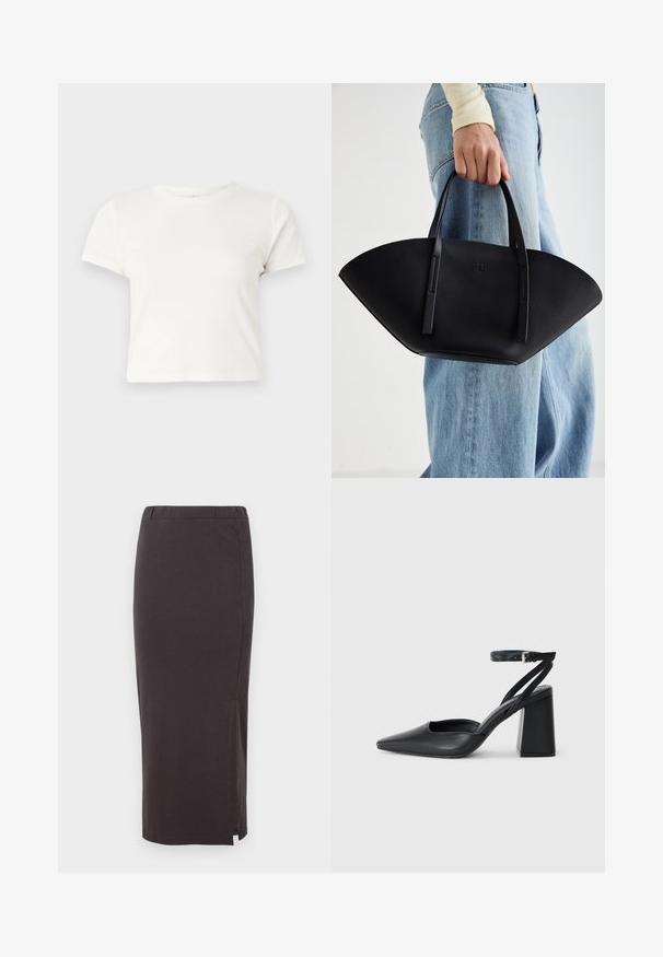 Kratka bela majica iz bombaža s kratkimi rokavi, okroglim ovratnikom in ravnim robom, ki ima gladko teksturo in minimalističen dizajn.; Dolga, temno siva raztegnjena krila z elastičnim pasom, ki ima stranski razporek za udobno gibanje in gladko, mehko teksturo.; Črne usnjene klasične čevlje z ostrim nosom, z zaponko za gleženj in debelim peto. Ravna tekstura, eleganten dizajn in minimalistična estetika.; Črna usnjena torbica z edinstveno obliko ventilatorja, z ravnimi ročaji. Površina ima teksturo z drobnimi kamni in minimalističen dizajn.