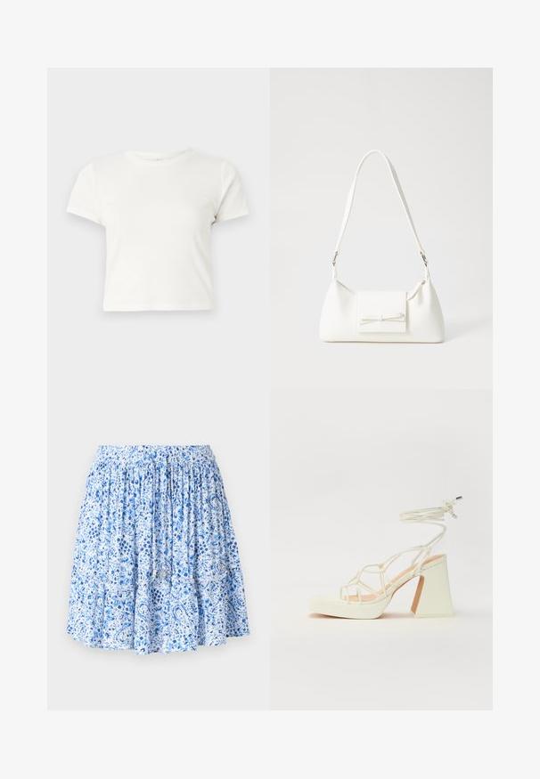 Kratka bela majica iz bombaža s kratkimi rokavi, okroglim ovratnikom in ravnim robom, ki ima gladko teksturo in minimalističen dizajn.; Svetlo modra krila z cvetličnim in paisley vzorcem, nabran elastičen pas, večplastni volani in trakovi z metalnimi konci.; Bela sandala na visokih petah s debelim petam, ki ima obliko trakcev in vezanje okoli gležnja. Gladka tekstura z platformo spredaj za dodatno višino.; Bela sintetična torbica v obliki trikotnika, z ravnim sprednjim poklopcem in detajlom mašne, nastavljivim trakom, gladko teksturo in minimalističnim dizajnom.