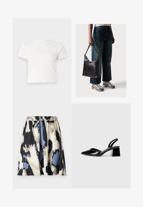 Camiseta corta blanca de algodón con mangas cortas, cuello redondo y dobladillo recto, con una textura suave y un diseño minimalista.; Minifalda plisada con cintura elástica, con un patrón abstracto en tonos crema, negro y azul, fabricada con una tela suave.; Zapatos de tacón slingback de charol negro con punta afilada y tacón geométrico en bloque. Presentan un diseño elegante y minimalista, así como una textura suave.; Bolso de hombro de cuero negro con una textura suave y correa ajustable, combinado con jeans de pierna ancha desgatados y zapatillas deportivas.