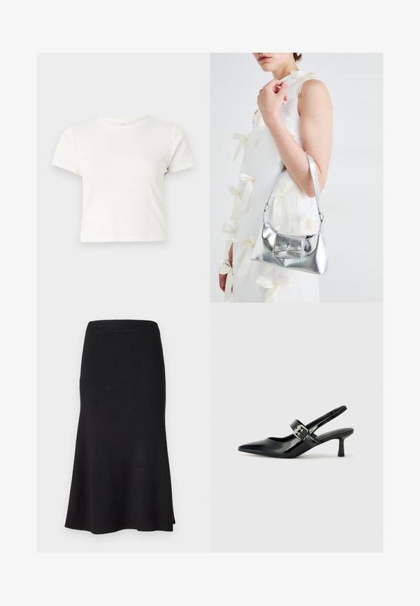 T-shirt branca curta feita de algodão, com mangas curtas, um decote redondo e uma bainha reta, apresentando uma textura suave e um design minimalista.; Saia de malha preta com nervuras, com cintura ajustada e barras largas. Textura suave, comprimento até ao joelho, apresentando um padrão de nervuras uniformemente distribuído.; Saltos slingback em verniz preto com bico pontiagudo e um pequeno salto bloco, apresentando um detalhe de fivela prateada na tira.; Bolsa metálica prateada com uma forma estruturada, apresentando uma alça superior e um detalhe de laço na frente. Textura suave, acabamento reflexivo.