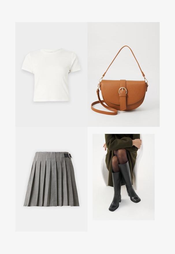 Krátke biele tričko vyrobené z bavlny s krátkymi rukávmi, okrúhlym výstrihom a rovnými okrajmi, s hladkou textúrou a minimálnym dizajnom.; Čierno-bielo károvaná skladaná sukňa s plochým pásom, s čiernym opaskom so striebornou prackou. Vyrobená z ľahkej látky.; Čierne kožené čižmy po kolená so štvrtým prstom a blokovým opätkom, zobrazené s modelom sediacim v olivovo zelenej bunde. Hladká textúra, minimálne detaily.; Hnedá kožená kabelka cez telo s zakriveným tvarom, zlatými kovovými doplnkami a akcentom s prackou. Obsahuje odnímateľný ramenný popruh.