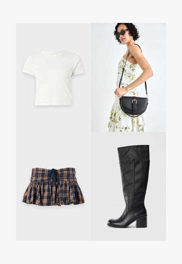 Krátke biele tričko vyrobené z bavlny s krátkymi rukávmi, okrúhlym výstrihom a rovnými okrajmi, s hladkou textúrou a minimálnym dizajnom.; Hnedo-námornícku skrátenú sukňu s kockovaným vzorom a rozšíreným strihom, vyrobenú z ľahkej tkaniny. Obsahuje smockovaný pás a nastaviteľné šnúrky na prispôsobenie veľkosti.; Čierne kožené čižmy po kolená s blokovým opätkom, hladkou textúrou a detailami šitia po stranách. Jednoduchý a moderný dizajn.; Čierna kožená kabelka s zaobleným tvarom, odnímateľným popruhom a zlatými doplnkami. Kabelka má klopu s detailom s prackou.