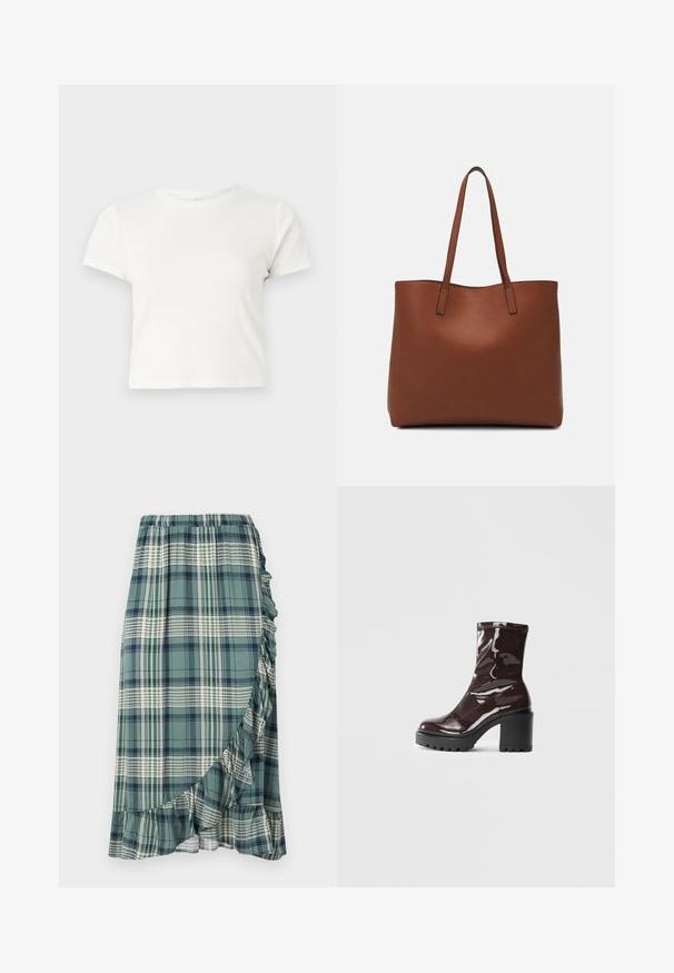 Tricou scurt, alb, din bumbac, cu mâneci scurte, decolteu rotund și margine dreaptă, având o textură netedă și un design minim.; Fustă în carouri, verde și bleumarin, cu un tiv volan și o talie elastică. Materialul are o textură netedă și modele de carouri variate.; Botine lucioase burgundy, cu toc gros negru, având o textură netedă și un design simplu. Fără închideri sau modele vizibile.; Geantă de umăr din piele maro cu o textură netedă, design cu vârf deschis și două curele pentru umăr. Prezintă cusături minime și fără componente metalice vizibile.