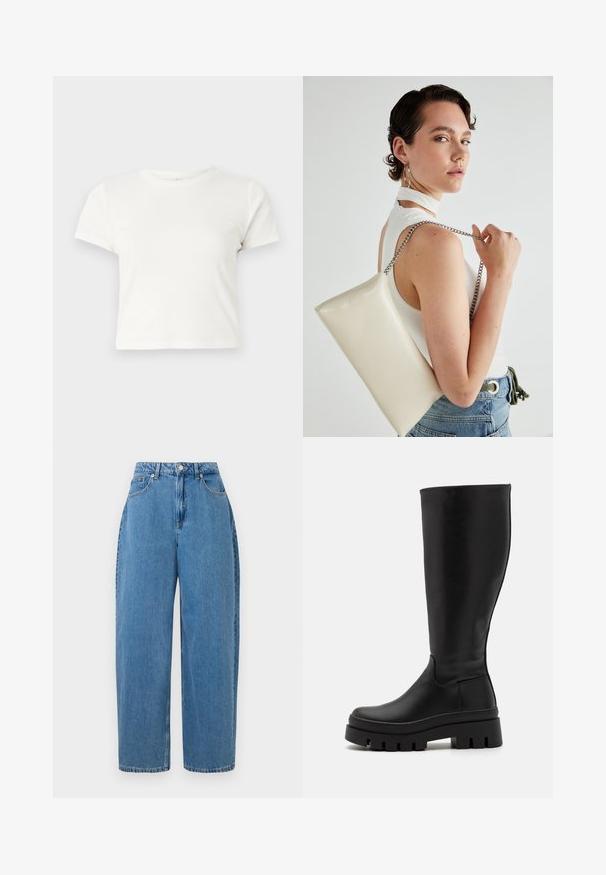 Kratka bijela majica izrađena od pamuka s kratkim rukavima, okruglim izrezom i ravnim rubom, koja se odlikuje glatkom teksturom i minimalnim dizajnom.; Svijetloplave traperice ravnog kroja, visoki struk i prednje kopčanje na gumb. Sadrže pet džepova i minimalne detalje šivanja.; Even&Odd Čizme s platformom - black; Bijela pravokutna torbica s kopčanjem, izrađena od sjajnog materijala, s srebrnim lančićem. Model pozira, prikazujući torbicu na jednostavnoj pozadini.