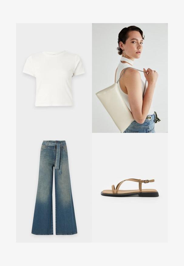 Short white t-shirt made of cotton with short sleeves, a round neckline, and a straight hem, featuring a smooth texture and minimal design.; Wide-leg denim trousers featuring a light to dark blue gradient, high waist, belt loops, and a matching fabric belt. Textured denim finish.; Tan flat sandal with two thin straps crossing over the foot and a buckle ankle strap. Features a smooth leather-like upper and a black sole.; White rectangular clutch bag made of glossy material, featuring a silver chain strap. Model poses, showcasing the bag against a plain background.