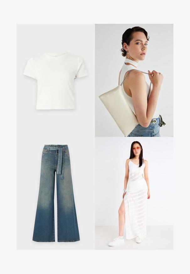 Krátká bílá tričko vyrobené z bavlny s krátkými rukávy, kulatým výstřihem a rovým lemem, s hladkou texturou a minimalistickým designem.; Džínové kalhoty širokého střihu s přechodem od světlé k tmavě modré, vysokým pasem, poutky na opasek a odpovídajícím opaskem ze stejného materiálu. Texturovaná džínovina.; Bílá průhledná maxi šaty s horizontálními pruhy, s vysokým rozparkem a tenkými ramínky. Nosené s bílými teniskami a stříbrným náramkem.; Bílá obdélníková psaníčko vyrobené z lesklého materiálu, se stříbrným řetízkovým popruhem. Modelka pózuje a předvádí tašku na jednobarevném pozadí.