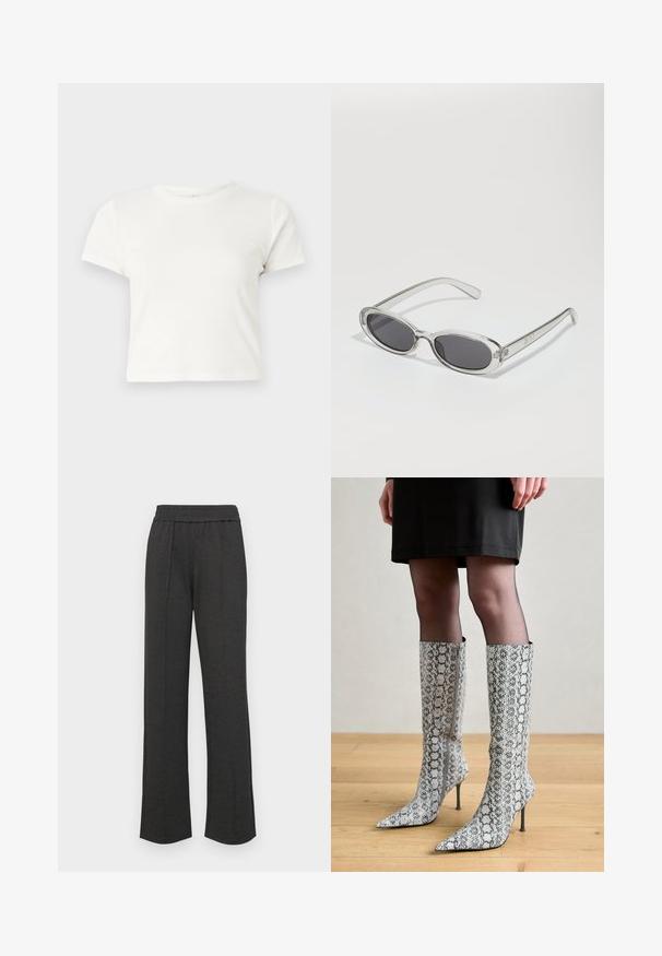 Krátke biele tričko vyrobené z bavlny s krátkymi rukávmi, okrúhlym výstrihom a rovnými okrajmi, s hladkou textúrou a minimálnym dizajnom.; Čierne nohavice s rovnými nohavicami a elastickým pásom, s prednými záhybmi, z mäkkej látky, bez viditeľných vzorov alebo kovových detailov.; Špicaté kozačky po kolená s hadím vzorom, s textúrovaným sivobielym motívom, na ihlovom podpätku a bočným zipsom.; Slnečné okuliare oválneho tvaru, s priehľadným plastovým rámom, tmavošedými šošovkami a tenkými priehľadnými ramienkami s logovými akcentmi a minimálnym detailovaním.; Čierna taška s dlhým uchom vyrobená z hladkej kože, s oblým otvoreným vrchom a dvoma ramennými popruhmi, minimalistického dizajnu.