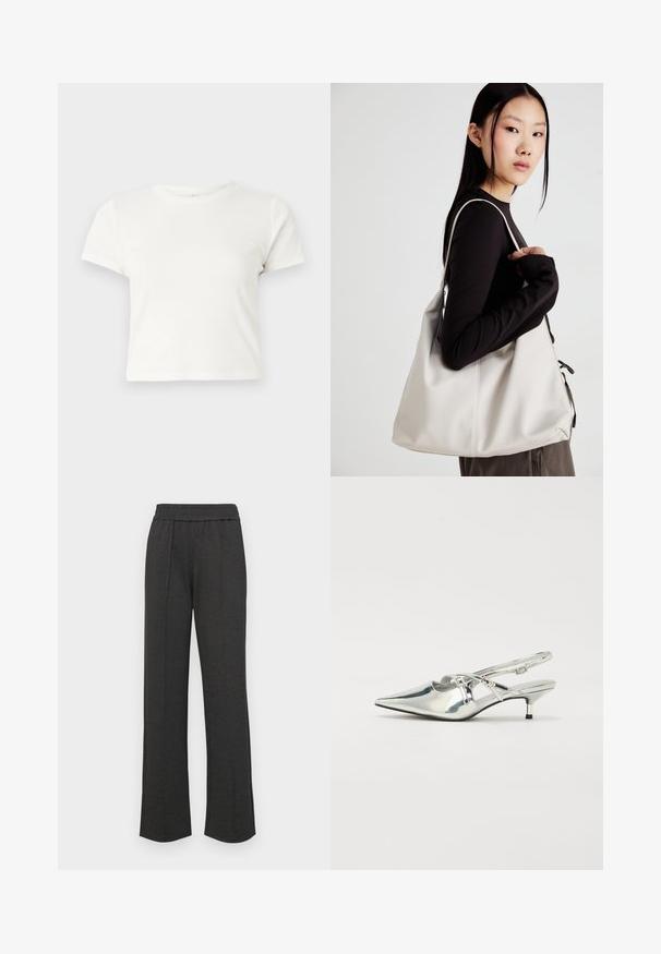 Short white t-shirt made of cotton with short sleeves, a round neckline, and a straight hem, featuring a smooth texture and minimal design.; Black straight-leg pants with an elastic waistband, front pleats, soft fabric, and no visible patterns or hardware details.; Silver metallic slingback shoes with a pointed toe, low kitten heel, and strap detailing across the front. Smooth, glossy surface.; Beige handbag made of soft material, featuring a slouchy design, stitched detailing, and two shoulder straps. Suitable for everyday use.