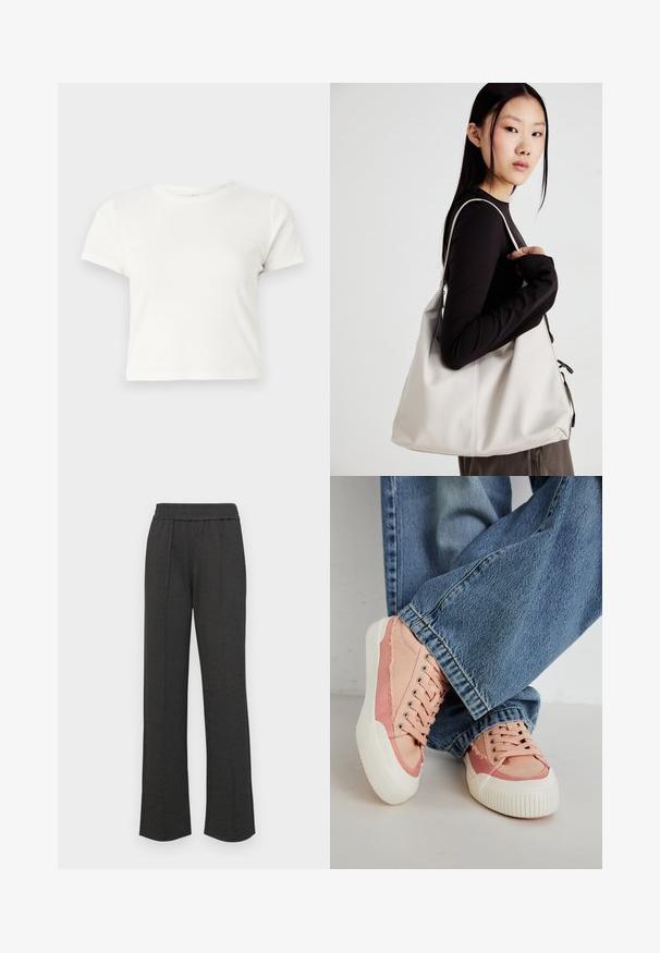 Īsa balta T-kreklā izgatavots no kokvilnas ar īsām piedurknēm, apaļu kakla izgriezumu un taisnu apakšu, piedāvā gludu tekstūru un minimālistisku dizainu.; Melni taisni bikses ar elastīgu jostu, priekšējiem krokām, mīkstu audumu un bez redzamām rakstu vai aparatūras detaļām.; Rožā auduma sporta apavi ar baltām gumijas zolēm, ar apaļām auklu acīm un saplēstām detaļām, saskaņoti ar ziliem platajiem džinsiem.; Bežs rokassoma, izgatavota no mīksta materiāla, ar brīvu dizainu, izšūtu apdari un divām plecu siksnām. Piemērota ikdienas lietošanai.