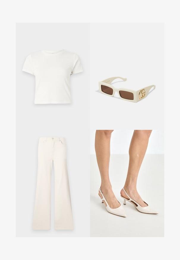 Īsa balta T-kreklā izgatavots no kokvilnas ar īsām piedurknēm, apaļu kakla izgriezumu un taisnu apakšu, piedāvā gludu tekstūru un minimālistisku dizainu.; ONLY ONLMADISON WIDE - Džinsi ar platām starām - ecru; Beidzējo oriģinālo bežējo lakotā ādas kurpju papēžus ar norādītu degunu un 5 cm papēdi, kas iekļauj izgrieztās sānu daļas un plānu potītes siksniņu.; Baltas taisnstūra formas saulesbrilles ar brūnām lēcām. Malā izceļas izteikts zeltīts GG logotips. Izgatavotas no strukturēta plastmasas materiāla.; Beige ādas rokassoma ar strukturētu formu, zelta aparatūras sprādze un noņemama plecu josta. Gluda tekstūra un minimālistisks dizains.