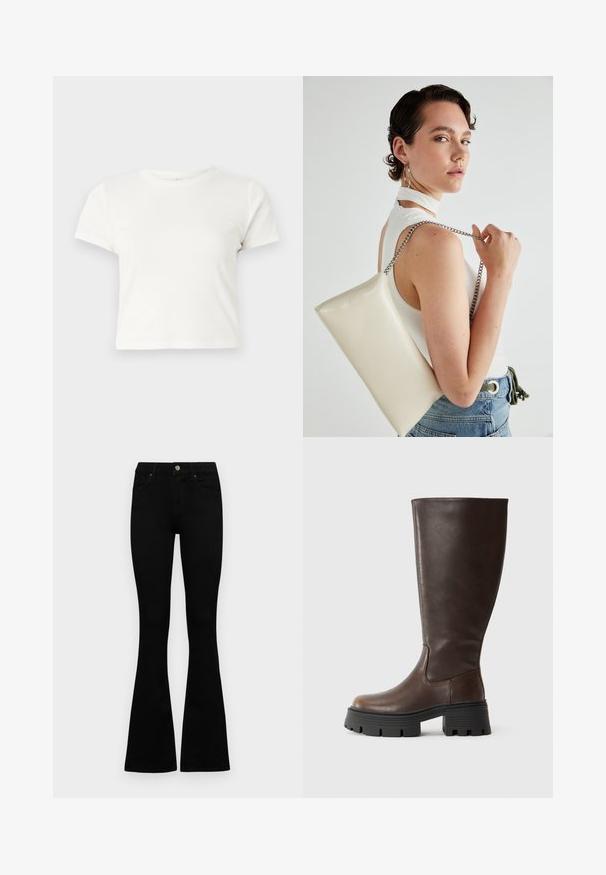 Kratka bijela majica izrađena od pamuka s kratkim rukavima, okruglim izrezom i ravnim rubom, koja se odlikuje glatkom teksturom i minimalnim dizajnom.; Crne traperice viskog struka s kopčanjem na gumb i rajfeslusu, prednjim džepovima i širom nogavicama položene su ravno na bijeloj pozadini.; Smeđe čizme do koljena izrađene od glatke sintetičke kože, s debelom crnom platformom i minimalnim šavovima za elegantan dizajn.; Bijela pravokutna torbica s kopčanjem, izrađena od sjajnog materijala, s srebrnim lančićem. Model pozira, prikazujući torbicu na jednostavnoj pozadini.