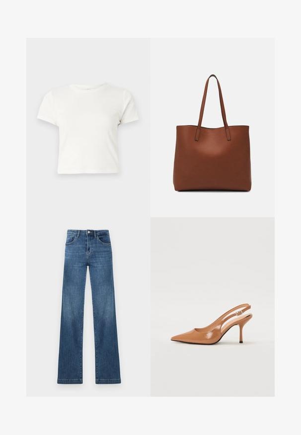 Kratka bela majica iz bombaža s kratkimi rokavi, okroglim ovratnikom in ravnim robom, ki ima gladko teksturo in minimalističen dizajn.; Temno modri kavbojke z ravnim nogavicom, visoka pas, pet žepov in kovinski gumb za zapiranje. Očitni detajli zbledenega pranja.; Slinčaste pete z ostro konico v gladkem, sijočem bež materialu. Imajo ukrivljen rez in vitko stiletto peto. Podrobnost s srebrno zaponko.; Rjava usnjena torba z gladko teksturo, odprto zasnovo zgoraj in dvema naramnima trakovoma. Opremljena je z minimalnim šivanjem in brez vidnih kovinskih delov.
