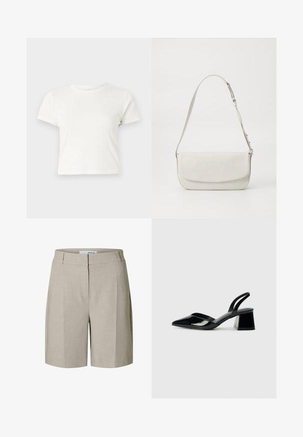 Krátká bílá tričko vyrobené z bavlny s krátkými rukávy, kulatým výstřihem a rovým lemem, s hladkou texturou a minimalistickým designem.; Bežové šité kraťasy s hladkou texturou, s plochým předním dílem a bočními kapsami. Vyrobeny z lehkého materiálu pro maximální pohodlí.; Černé lakované kožené lodičky na pásku s špičatou špičkou a geometrickým blokovým podpatkem. Vyznačují se elegantním, minimalistickým designem a hladkým povrchem.; Bílá kožená kabelka přes rameno s hladkým povrchem, obdélníkovým tvarem, klopovým zapínáním a nastavitelným popruhem. Jednoduché švy.