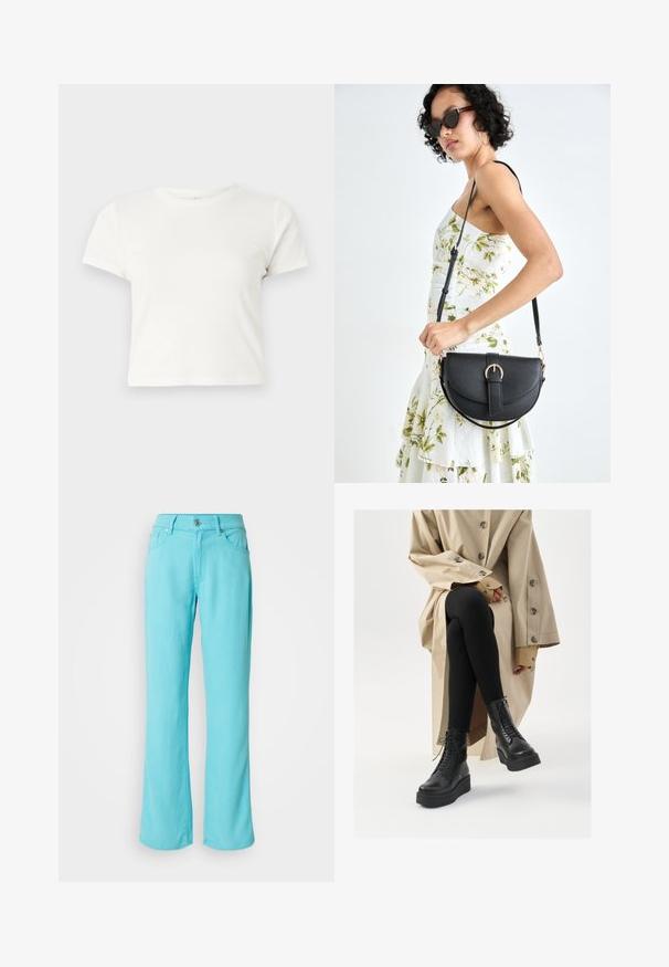 Camiseta corta blanca de algodón con mangas cortas, cuello redondo y dobladillo recto, con una textura suave y un diseño minimalista.; Jeans de corte ancho en azul claro, hechos de denim. Cuentan con un cierre de botón y cremallera, cinco bolsillos y costuras decorativas en el dobladillo.; Botas de piel negra hasta el tobillo con detalle de cordones, suela de plataforma elevada y leggings negros texturizados, combinadas con un abrigo trinchera ligero en color beige claro.; Bolso de piel negra con forma curva, correa desmontable y herrajes dorados. El bolso cuenta con una solapa con un detalle de hebilla.