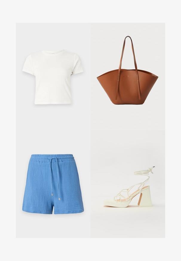 Trumpa balta medvilnės marškinėliai su trumpomis rankovėmis, apvaliu kaklu ir tiesiu hemu, pasižyminti lygiu tekstūriu ir minimaliu dizainu.; Mėlyni medvilniniai šortai su tekstūruotu, susiraukšlėjusiu dizainu, elastingu juosmeniu, reguliuojama raišteliu ir metaliniais akcentiniais galiukais.; Balti aukštakulniai sandalai su masyviu kulnu, su dirželių dizainu ir kulkšnies raiščiu. Lygi tekstūra su platforma priekyje, suteikianti papildomą aukštį.; Ruda odinė rankinė su plačia, struktūrizuota forma, plonomis rankenomis ir tekstūruotu paviršiu. Pasižymi minimalistišku dizainu be matomų detalių.