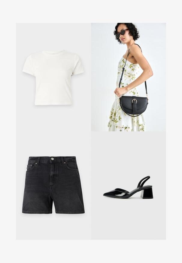 Kratka bijela majica izrađena od pamuka s kratkim rukavima, okruglim izrezom i ravnim rubom, koja se odlikuje glatkom teksturom i minimalnim dizajnom.; Crne teksas kratke hlače klasičnog kroja, sa zatvaranjem na dugme, prednjim džepovima i glatkom, blago teksturiranom površinom.; Crne lakirane kožne sandale s otvorenom petom i špicastim vrhom, s geometrijskom blok petom. Imaju elegantan, minimalistički dizajn i glatku teksturu.; Crna kožna torba s lukovitim oblikom, odvojivim remenom i zlatnim detaljima. Torba ima preklop s kopčom.