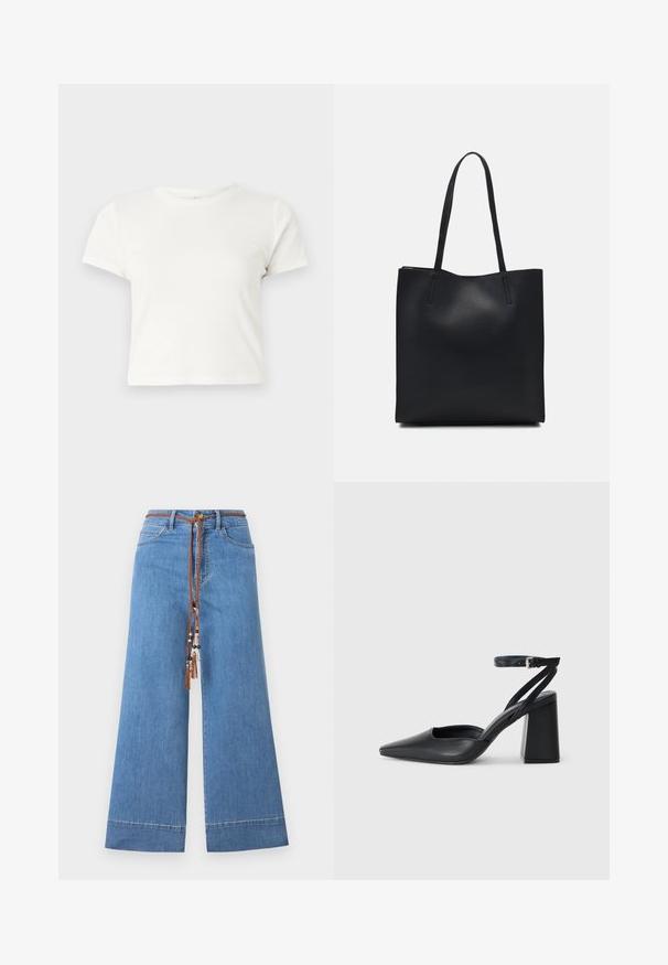 T-shirt branca curta feita de algodão, com mangas curtas, um decote redondo e uma bainha reta, apresentando uma textura suave e um design minimalista.; Calças de ganga largas azul claro com uma cintura ajustável em cordão trançado castanho, apresentando contas decorativas e um design tradicional de cinco bolsos.; Sandal com biqueira afilada em couro preto, com cinta no tornozelo e salto grosso. Textura lisa, design elegante e estética minimalista.; Bolsa tote preta em couro com textura lisa, forma retangular e duas alças longas. Sem hardware ou enfeites visíveis.