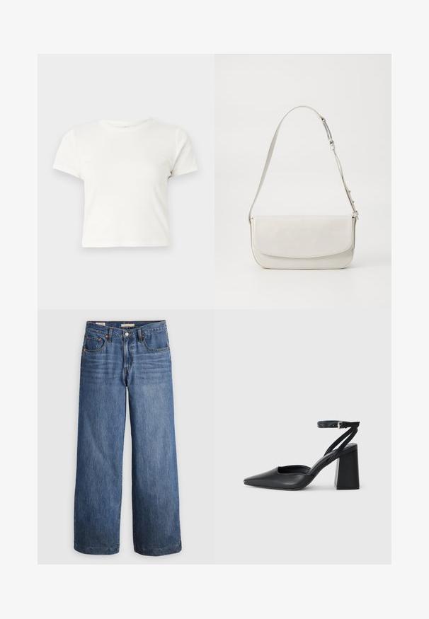 Īsa balta T-kreklā izgatavots no kokvilnas ar īsām piedurknēm, apaļu kakla izgriezumu un taisnu apakšu, piedāvā gludu tekstūru un minimālistisku dizainu.; Platas kājas džinsi, izgatavoti no zila denima, ar augstu jostasvietu, piecām kabatām un kontrastējošām oranžām šuvēm. Gluda tekstūra, bez rotājumiem.; Melna ādas augstpapēžu kurpe ar norakstīto purngala formu, potītes siksniņu un masīlu papēdi. Gluda tekstūra, elegants dizains un minimālisma estētika.; Balta ādas plecu soma ar gludu virsmu, taisnstūra formā, ar atloku aizdari un regulējamu siksnu. Vienkārša šuvju detaļa.