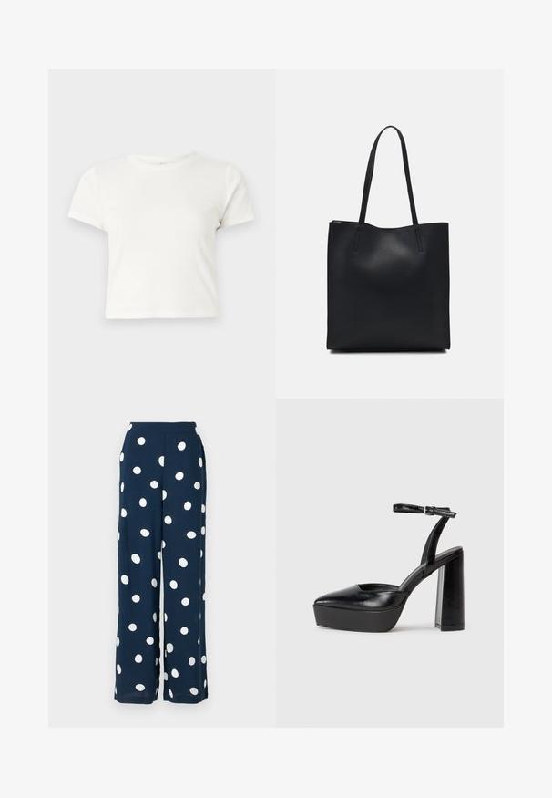 Lühike valge T-särk, mis on valmistatud puuvillast, lühikeste varrukatega, ümmarguse kaelusega ja sirge lõikega, omades sileda tekstuuri ja minimaalset disaini.; Tumed laiad püksid, mis on valmistatud kergest kangast, suurte valgete puuvillaste täpikestega, sujuva vöökohaga ja mugava istuvusega.; Mustad platvormi kontsad terava ninaga ja reguleeritava pahkluuraamiga. Valmistatud siledast nahast, funktsioneerib massiivse plokknäheeliga.; Mustast nahast kott sujuva tekstuuriga, ristkülikukujuline ja kahe pika sangaga. Pole nähtavat riistvara ega kaunistusi.