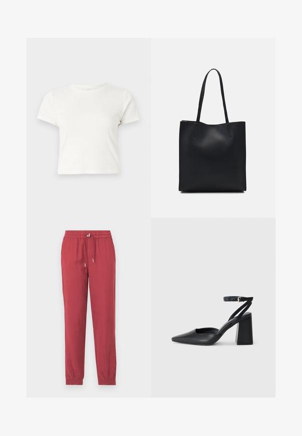 Trumpa balta medvilnės marškinėliai su trumpomis rankovėmis, apvaliu kaklu ir tiesiu hemu, pasižyminti lygiu tekstūriu ir minimaliu dizainu.; Raudoni, lengvi, siaurėjantys kelnių modeliai su elastinga juosmena ir raišteliu. Yra kulkšnies apykaklės ir lygi tekstūra.; Juoda odinė smailiagalė aukštakulnio bateliai su kulkšnies dirželiu ir storu kulnu. Lygus paviršius, elegantiškas dizainas ir minimalistiška estetinė. ; Juodas odinis tote krepšys su lygia tekstūra, stačiakampio formos ir dviem ilgais rankenomis. Matomų metalinių detalių ar puošybos nėra.