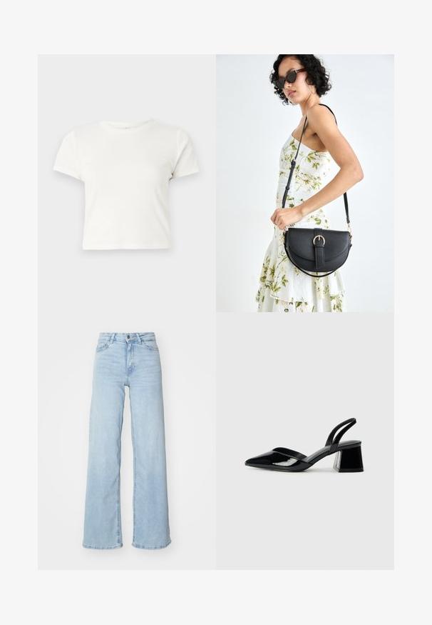 Trumpa balta medvilnės marškinėliai su trumpomis rankovėmis, apvaliu kaklu ir tiesiu hemu, pasižyminti lygiu tekstūriu ir minimaliu dizainu.; Šviesiai mėlyni plačių kojų džinsai, pagaminti iš denimo. Turi aukštą liemenį, priekinį užsegimą ir dvi kišenes. Slygi tekstūra su švelniu išblukimu.; Juodos lakuotos odinės šlepetės su smailiu pirštu ir geometriniu bloko kulnu. Turi elegantišką, minimalistinį dizainą ir lygų paviršių.; Juodas odinis krepšys su išlenkta forma, nuimamu dirželiu ir auksiniais detalėmis. Krepšys turi kilpą su sagtimi.