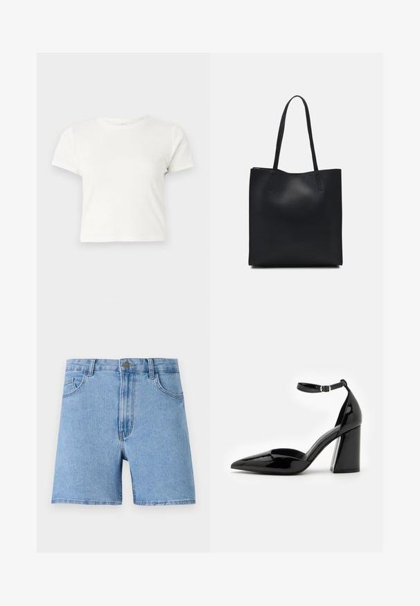 Kratka bijela majica izrađena od pamuka s kratkim rukavima, okruglim izrezom i ravnim rubom, koja se odlikuje glatkom teksturom i minimalnim dizajnom.; Svijetloplavi traper šorts s visokim strukom, pet džepova i jednim metalnim gumbom za zatvaranje sprijeda. Glatka tekstura, ravni kroj.; Crne lakirane cipele s visokom potpeticom, šiljastim prstima, remenom oko gležnja i širokom blok potpeticom za stabilnost, s glatkom sjajnom teksturom.; Crna kožna torba za nošenje s glatkom teksturom, pravokutnim oblikom i dvije duge ručke. Nema vidljivih metalnih dijelova ili ukrasa.