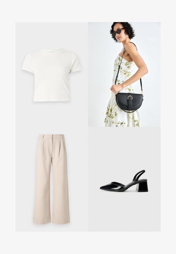 Trumpa balta medvilnės marškinėliai su trumpomis rankovėmis, apvaliu kaklu ir tiesiu hemu, pasižyminti lygiu tekstūriu ir minimaliu dizainu.; Bežinės plačios kelnės su klostėmis priekyje, pagamintos iš lengvos medžiagos. Pasižymi aukštu juosmeniu ir liekna siluetu, užtikrinančiu laisvą prigludimą.; Juodos lakuotos odinės šlepetės su smailiu pirštu ir geometriniu bloko kulnu. Turi elegantišką, minimalistinį dizainą ir lygų paviršių.; Juodas odinis krepšys su išlenkta forma, nuimamu dirželiu ir auksiniais detalėmis. Krepšys turi kilpą su sagtimi.