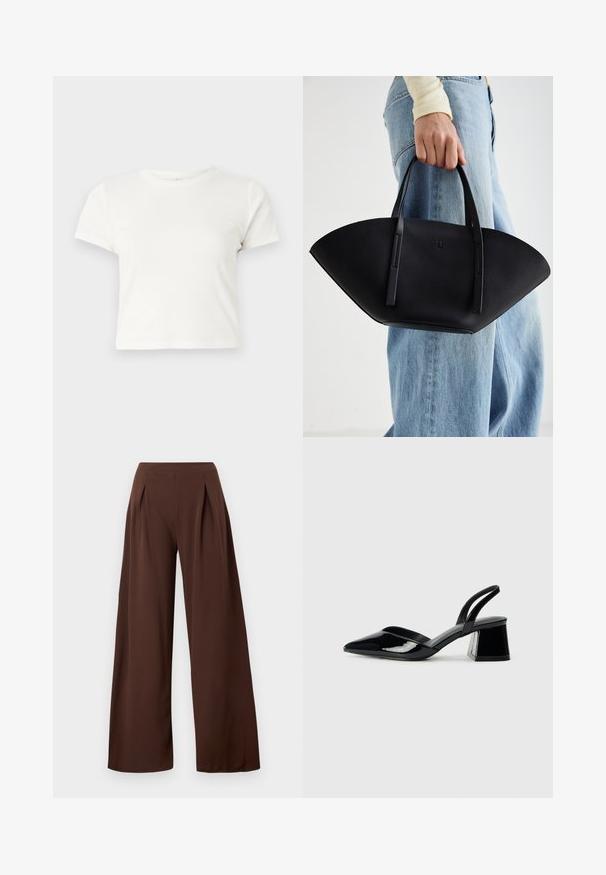 Trumpa balta medvilnės marškinėliai su trumpomis rankovėmis, apvaliu kaklu ir tiesiu hemu, pasižyminti lygiu tekstūriu ir minimaliu dizainu.; Plačios kojos kelnės tamsiai rudos spalvos audinyje, su aukštu liemeniu, priekinių raukšlių ir lygia tekstūra. Tinka įvairioms progoms.; Juodos lakuotos odinės šlepetės su smailiu pirštu ir geometriniu bloko kulnu. Turi elegantišką, minimalistinį dizainą ir lygų paviršių.; Juodas odinis rankinis uždangalas unikaliu ventiliatoriaus formos dizainu, turintis plokščias rankenas. Paviršius turi akmeninė tekstūrą ir minimalistišką dizainą.