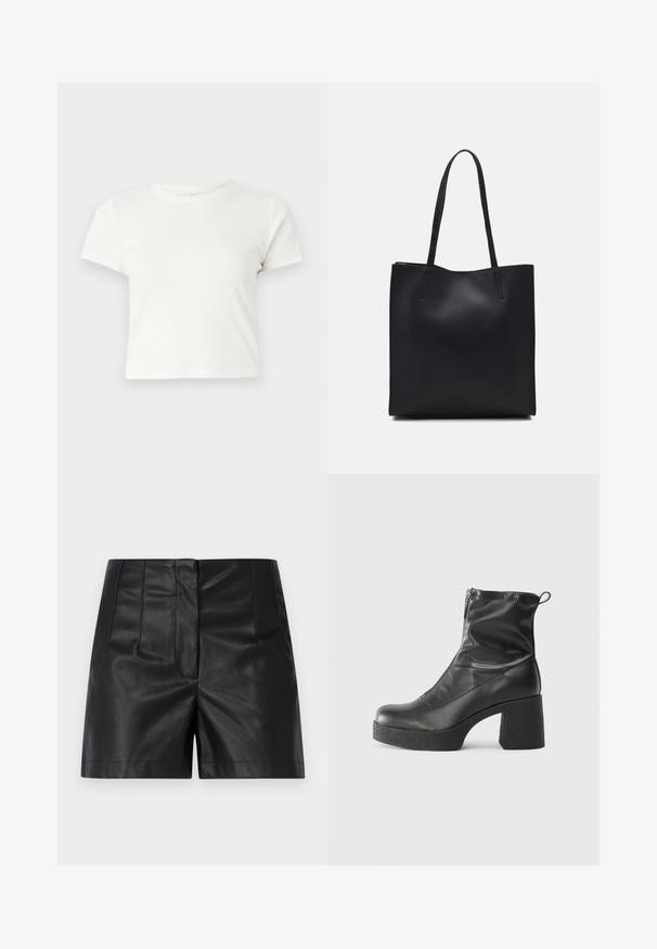 Īsa balta T-kreklā izgatavots no kokvilnas ar īsām piedurknēm, apaļu kakla izgriezumu un taisnu apakšu, piedāvā gludu tekstūru un minimālistisku dizainu.; ONLY ONLRAVEN HERO - Šorti - black; Melni potītes zābaki, kas izgatavoti no gludas ādas, ar sānu rāvējslēdzēju, masīvu strukturētu papēdi un noapaļotu purngalu.; Melnas ādas somiņa ar gludu tekstūru, taisnstūra formu un divām garām rokturiem. Nav redzamu aparatūras vai rotājumu.