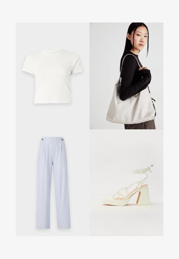 Kratka bijela majica izrađena od pamuka s kratkim rukavima, okruglim izrezom i ravnim rubom, koja se odlikuje glatkom teksturom i minimalnim dizajnom.; Svijetloplave prugaste hlače širokog kroja, sa dva istaknuta dugmeta na pojasu i mekim materijalom.; Bijela sandala na visokoj potpetici s debelim petom, s remenom i vezanjem oko gležnja. Glatka tekstura s platformom sprijeda za dodatnu visinu.; Bežna torba od mekog materijala s opuštenim dizajnom, šivanim detaljima i dva remena za rame. Pogodna za svakodnevnu upotrebu.