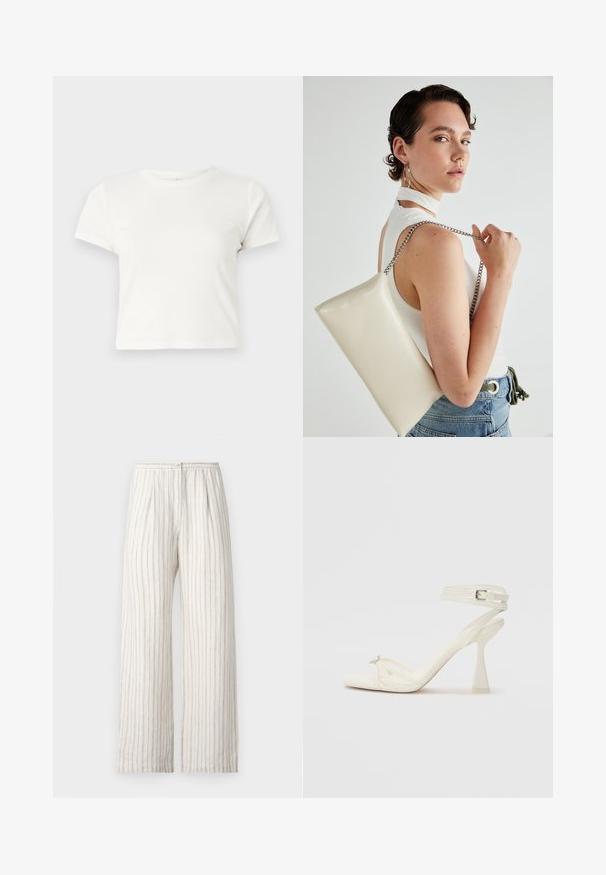 Short white t-shirt made of cotton with short sleeves, a round neckline, and a straight hem, featuring a smooth texture and minimal design.; Samsøe Samsøe SATOVE TROUSERS - Trousers - egret; Strappy high-heeled sandal in white leather with a sleek design, a transparent block heel, and a decorative element at the toe.; White rectangular clutch bag made of glossy material, featuring a silver chain strap. Model poses, showcasing the bag against a plain background.