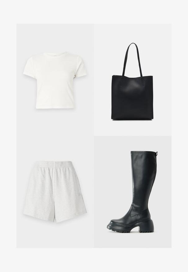 Short white t-shirt made of cotton with short sleeves, a round neckline, and a straight hem, featuring a smooth texture and minimal design.; Gray cotton shorts with an elastic waistband, side seams, and no visible pockets. Soft texture with a simple design and no patterns.; Tall black leather boot with chunky platform sole and block heel, featuring pull tab and textured tread on outsole.; Black leather tote bag with smooth texture, rectangular shape, and two long handles. No visible hardware or embellishments.