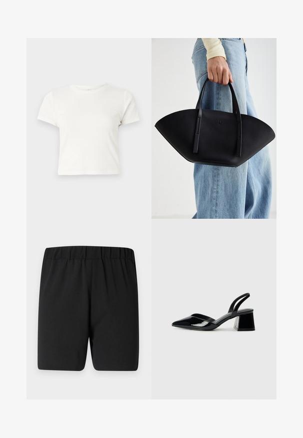 Short white t-shirt made of cotton with short sleeves, a round neckline, and a straight hem, featuring a smooth texture and minimal design.; Black athletic shorts with an elastic waistband, featuring a smooth texture and a loose fit for comfort and ease of movement.; Black patent leather slingback heels with a pointed toe and a geometric block heel. Features a sleek, minimal design and smooth texture.; Black leather handbag with a unique fan shape, featuring flat handles. The surface has a pebbled texture and a minimalistic design.